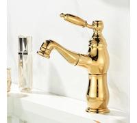 Miscelatore per Lavabo retrò con Doccetta Estraibile, Rubinetti da Bagno, Rubinetto Monocomando Caldo E Freddo, Gold+Gold