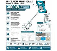 MISCELATORE PROFESSIONALE PER MALTA,CEMENTO,COLLA 3000W CON 6 VELOCITÀ