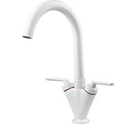 Miscelatore rubinetto monoblocco a collo di cigno bianco per lavello da cucina, a doppia leva, con beccuccio girevole a 360 gradi, con tubi di fissaggio standard