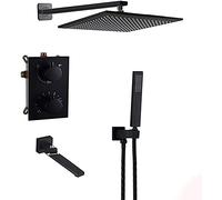 Miscelatore Set Doccia Sistema Doccia, Ottone Nero Montaggio A Parete Incasso Soffione Doccia A Pioggia in Ottone da 8-12 Pollici Bagno Doccia Valvola Miscelatrice Termostatica Valvola Deviatrice con