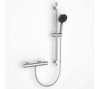Miscelatore Termostatico con Set Asta doccia, Rubinetto per Doccia con Pulsante di Sicurezza Antiscottatura a 38°C (Asta Doccia, Doccetta 3 Funzioni, 1,5m Flessibile, Supporto Soffione) Cromato