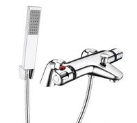 Miscelatore termostatico per vasca da bagno e doccia, miscelatore cromato con doccetta, 180 mm, in ottone massiccio, pulsante di sicurezza antiscottatura a 38 °C Hulthor