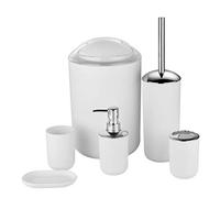 MisFox Set di Accessori per Bagno - 6 Pezzi - Stanza da Bagno Set con Dispenser Sapone, Pattumiera, Portaspazzolino, Tazza da Denti, Spazzolino da Toilette e Portasapone - Bianco
