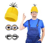 MisFun 3 Pezzi Accessori per Costume Minion, 2 Occhiali Steampunk+1 Cappello Giallo, Accessori Halloween Costume, Costumi Cartoni Animati Adulti, per Carnevale, Natale, Halloween Tema Party