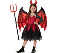Mishopy Costume Diavolo Bambina Costumi Halloween Ali da Diavolo Mantello con Cerchietto e Tridente Vestito Diavoletta per Carnevale Natale Compleanno Cosplay (120, 5-6 Anni)