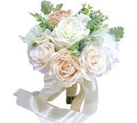 MISNODE Bouquet da sposa fatto a mano per matrimonio, damigella d'onore, bouquet di rose finte per la casa, centrotavola, decorazione per matrimoni, bianco