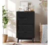 MISNODE Cassettiera a 4 Cassetti, Armadio Cassettiere in Legno con Guide Metalliche, 55×40×95 cm, Rattan Cassettiera Ingresso, cassettiera Salvaspazio per Camera da Letto, Nero