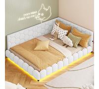 MISNODE Divano letto imbottito 140 x 200 cm, divano letto con LED e USB, divano letto a L con rete a doghe, letto per bambini, letto matrimoniale, lana d'agnello, senza materasso (bianco K01)