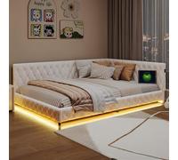 MISNODE Divano letto imbottito 140 x 200 cm, divano letto con LED e USB, divano letto a L con rete a doghe, letto per bambini, letto matrimoniale, in velluto Teddy, senza materasso (beige-TT01)