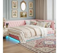 MISNODE Divano letto imbottito 140 x 200 cm, letto angolare con LED e USB, divano letto a L con rete a doghe, letto per bambini, letto matrimoniale, orsacchiotto in velluto (Rosa-B01, 140 x 200)