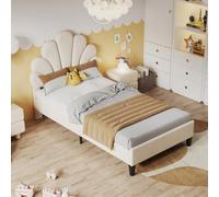 MISNODE Lettino imbottito per bambini, 90 x 200 cm, letto singolo in tessuto di velluto con rete a doghe, letto da ragazza, letto principessa, letto per ragazzi con testiera a forma di fiore (beige-D