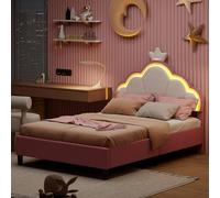 MISNODE Lettino per bambini, 140 x 200 cm, imbottito con testiera LED regolabile, rete a doghe, per ragazze, design principessa, velluto rosa