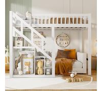 MISNODE Letto a Soppalco 140x200, Letto a Castello con Scale e Armadietto, Letto per Bambini con Protezione Anticaduta, Letto Matrimoniale Bambina in Legno Massiccio, Bianco