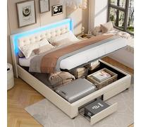 MISNODE Letto Contenitore 140 x 190 cm, Letto Matrimoniale Imbottito in Veluto con LED, Struttura Letto con Cassetti e Rete a Doghe, Letto per Adulti e Adolescenti, Beige (Beige-B, 140 x 190 cm)