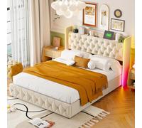 MISNODE Letto Contenitore 140x200 cm, Letto Matrimoniale con LED e USB, Struttura Letti Imbottito in Veluto con Rete a Doghe, Letto di Legno per Adulti e Adolescenti, Beige (Beige-B, 140 x 200cm)