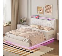 MISNODE Letto Contenitore 160 x 200 cm, Letto Matrimoniale con LED e USB, Struttura Letti Imbottito in Veluto con Rete a Doghe, Letto di Legno per Adulti e Adolescenti, Bianco (Bianco, 160 x 200cm)
