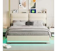 MISNODE Letto Contenitore 160 x 200 cm, Letto Matrimoniale con Luci LED e USB, Struttura Letti Imbottita in Velluto con Rete a Doghe, Letto per Adulti e Adolescenti, Beige (Beige-B, 160x200 cm)