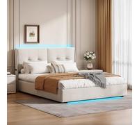 MISNODE Letto Contenitore 160 x 200 cm, Letto Matrimoniale Imbottito con Luci LED, Struttura Letti Imbottita in Velluto con Rete a Doghe, Letto per Adulti e Adolescenti, Beige (Beige-D, 160x200 cm)