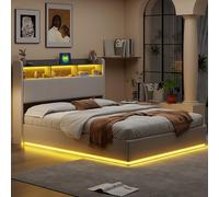 MISNODE Letto Contenitore 160x200 cm, Letto Matrimoniale Imbottito in Velluto con LED e USB, Letti Matrimoniali per Adolescenti Adulti, Struttura Letto con Rete a Doghe in Legno, Bianco (160 x 200cm)