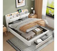 MISNODE Letto Matrimoniale 160x200 cm, Letto Contenitore con LED e USB, Struttura Letti Imbottito in Velluto con Rete a Doghe, Letti per Adulti e Adolescenti, Stoccaggio Testa e Cassetti, Beige