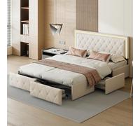 MISNODE Letto Matrimoniale Cassetti 140 x 200 cm, Letto Imbottito con 4 Cassetti e Rete a Doghe in Legno, Struttura Letto in PU con LED per Adulti, Adolescenti, Beige (Beige-B, 140x200 cm)