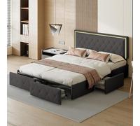 MISNODE Letto Matrimoniale Cassetti 140 x 200 cm, Letto Imbottito con 4 Cassetti e Rete a Doghe in Legno, Struttura Letto in PU con LED per Adulti, Adolescenti, Grigio (Grigio-B, 140x200 cm)