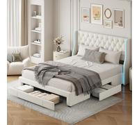 MISNODE Letto Matrimoniale Cassetti 160 x 200 cm, Letto Imbottito con 3 Cassetti e Rete a Doghe in Legno, Struttura Letto in Velluto con LED per Adulti, Adolescenti, Beige (Beige, 160x200 cm)
