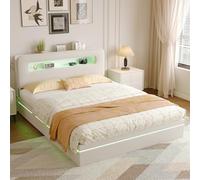 MISNODE Letto Matrimoniale Contenitore 160x200 cm, Letto Imbottito con Luci LED e Testiera Contenitore, Struttura Letti in Velluto con Rete a Doghe per Adulti e Adolescenti, Beige