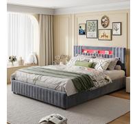 MISNODE Letto Matrimoniale Contenitore con LED, Letto Contenitore 160 x 200 cm in Velluto Con Testa Di Stoccaggio, Spazio Di Archiviazione Integrato, Per Adulti, Grigio