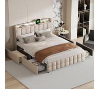 MISNODE Letto Matrimoniale Imbottito 160 x 200 cm, Letti Matrimoniale con LED e USB, 4 Cassetti in Ferro, Letto Adulto con Rete a Doghe in Legno, Lino Beige (Beige-B, 160 x 200 cm)