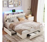MISNODE Letto Matrimoniale Imbottito in Velluto, Letti Matrimoniali con 3 Cassetti per Adolescenti Adulti, Struttura Letto 160x200 cm, Testiera Con Custodia, Porta USB, LED Regolabile, Beige