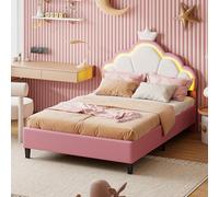 MISNODE Letto per bambini 90 x 200 cm, letto principessa imbottito con testiera a LED regolabile e rete a listelli, per ragazza adolescente, design corona da principessa in velluto rosa (rosa 90 x 200