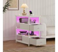 MISNODE Mesitas de Noche con LED e USB, Comodino con Cassetto in Tessuto e Mensola, Tavolo da Salotto in Legno per Soggiorno, Camera da Letto, Ufficio, 58 x 28 x 60,5 cm, Bianco