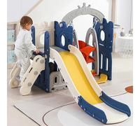 MISNODE Set da Parco Giochi 5 in 1 per Bambini, Altalena con Scivolo, Canestro da Basket, Scala per Arrampicata, Interno ed Esterno, Blu (Blu, 1 Scivolo)