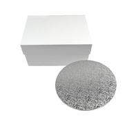 Miss Bakery's House® Cake Box e pannello MDF - set - scatola da trasporto 30x30x15 cm - bianco - con base per torta rotonda stabile in fibra di legno - Ø 30 cm - rivestita in argento