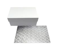Miss Bakery's House® Cake Box e pannello MDF - set - scatola da trasporto 40x30x15 cm - bianco - con base per torta rotonda stabile in fibra di legno - 30x40 cm - rivestita in argento