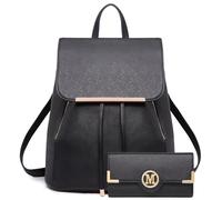 Miss Lulu Zaino Donna, Shell con Coulisse Borsa Zainetto Nero, Zaini Elegante PU Pelle Impermeabile, Medio Antifurto Scuola Lavoro Viaggio Università