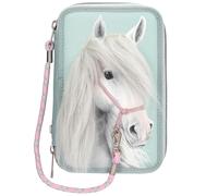 Miss Melody - Triple Pencil Case With Horse Head Application - Sage... NUOVO