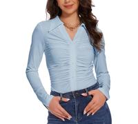 MISS MOLY Camicetta da donna con scollo a V, a maniche lunghe, increspata, tunica top formale e casual, camicie primaverili da donna, Azzurro, M