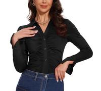 MISS MOLY Camicetta da donna con scollo a V, a maniche lunghe, increspata, tunica top formale e casual, camicie primaverili da donna, Nero , XS