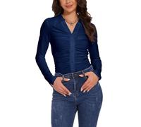 MISS MOLY Camicetta da donna con scollo a V, a maniche lunghe, increspata, tunica top formale e casual, camicie primaverili da donna, Blu denim, S