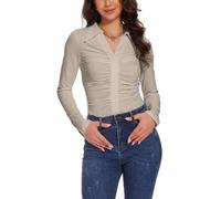 MISS MOLY Camicetta da donna con scollo a V, a maniche lunghe, increspata, tunica top formale e casual, camicie primaverili da donna, Sabbia bianca, L