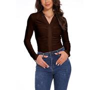 MISS MOLY Camicetta da donna con scollo a V, a maniche lunghe, increspata, tunica top formale e casual, camicie primaverili da donna, Caff, M