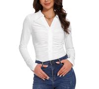 MISS MOLY - Camicia da donna a maniche lunghe, tunica con pieghe, camicia con colletto e bottoni, bianco, S