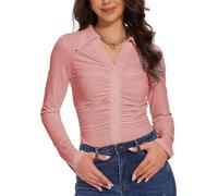 MISS MOLY - Camicia da donna a maniche lunghe, tunika con pieghe, camicia con bottoni decorativi, Colore: rosa., XXL