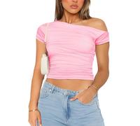 MISS MOLY Maglietta basic da donna Dupe Crop Top a maniche corte Off Shoulder Estate Y2K Silm Fit, Colore: rosa., XS