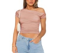 MISS MOLY Maglietta basic da donna Dupe Crop Top a maniche corte Off Shoulder Estate Y2K Silm Fit, Salmone Scuro, S