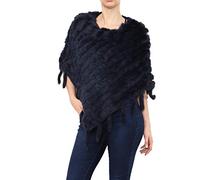 Miss Rouge Poncho da donna in pelliccia blu navy - mantello scialle caldo con frange, pompon