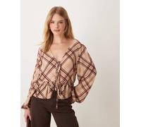 Miss Selfridge - Top a maniche lunghe a quadri allacciato sul davanti-Multicolore XS