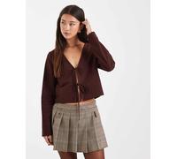 Miss Selfridge - Top a maniche lunghe color cioccolato allacciato sul davanti-Marrone S